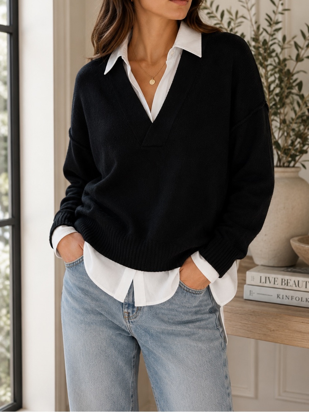 Brochu Walker Black Wool Cashmere Layered Collared Sweater